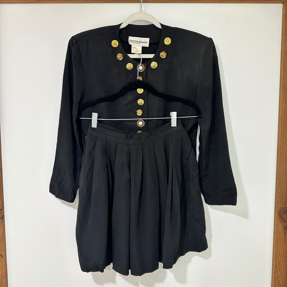 Francine Browner Vintage 2 Piece Skirt Set Womens 7/8 Black Gold Button USA Made